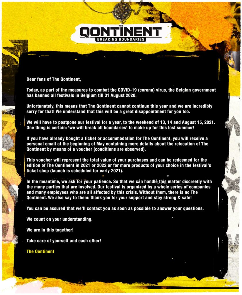 The Qontinent 2020 cancelled statement coronavirus festivals Belgium